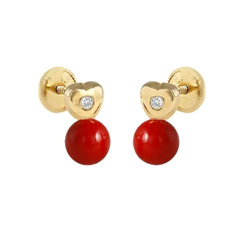 Pendientes oro 18k niña 8.5 mm. forma corazón diamantes centro 0.02ct
