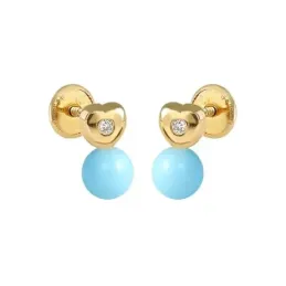 Pendientes oro 18k niña 8.5 mm. turquesas 5 mm. combinadas forma cora