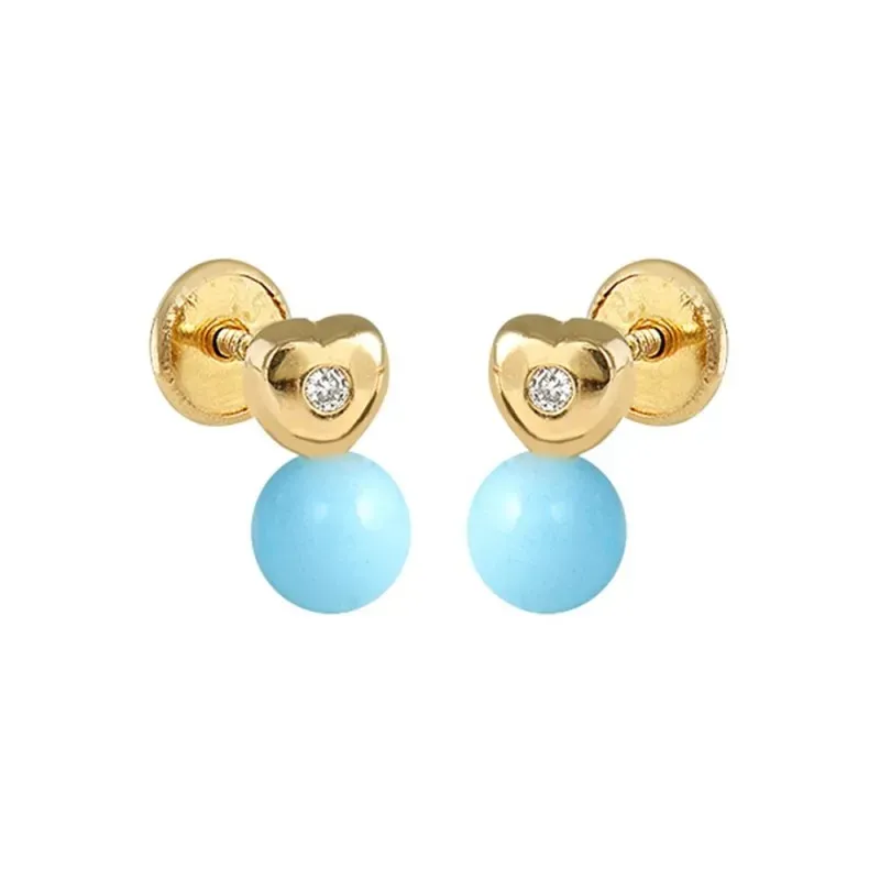 Pendientes oro 18k niña 8.5 mm. turquesas 5 mm. combinadas forma cora