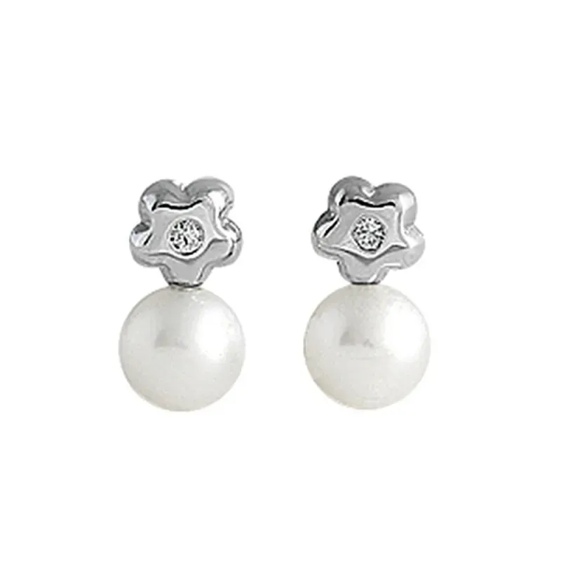 Pendientes oro blanco 18k mujer 9 mm. forma flor diamantes 0.02ct. pe