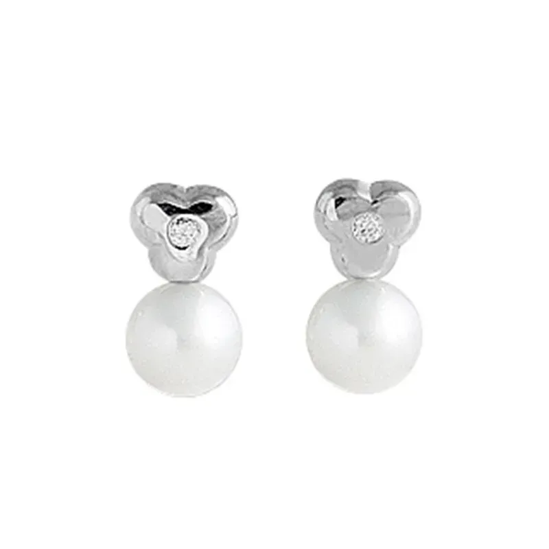 Pendientes oro blanco 18k mujer 9 mm. forma trébol perlas cultivadas