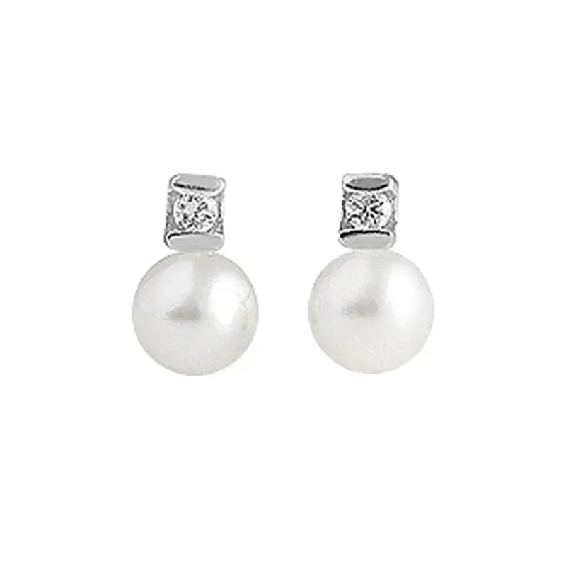 Pendientes oro blanco 18k mujer 7 mm. diamantes centro 0.02ct. perlas