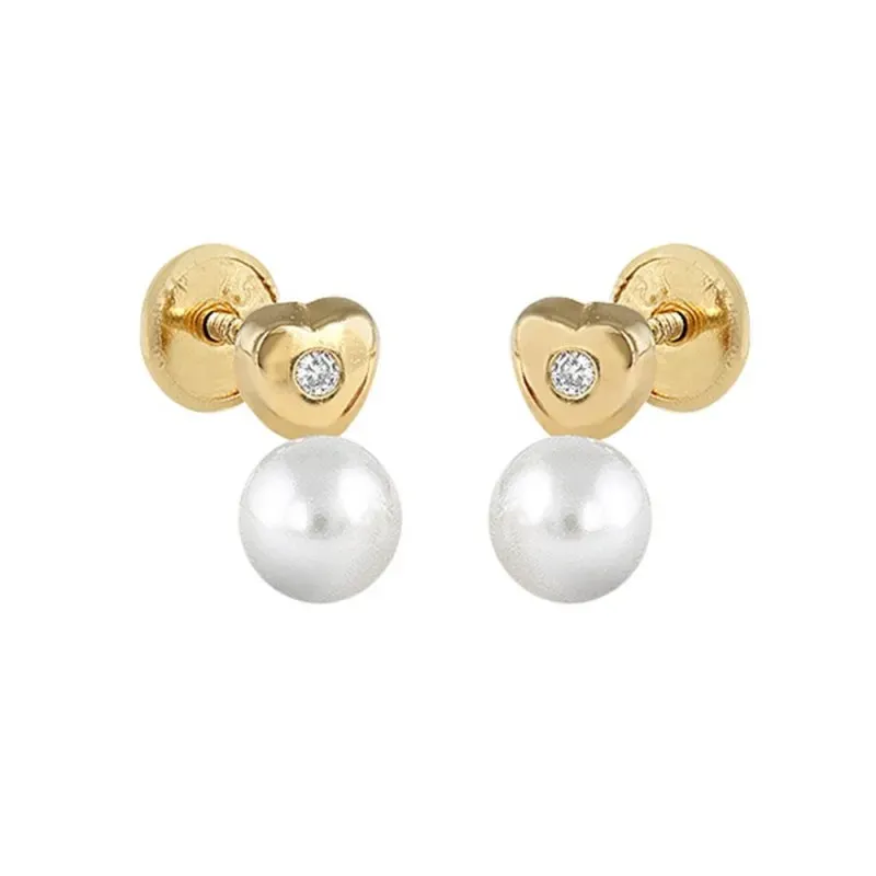 Pendientes oro 18k niña 8.5 mm. forma corazón diamantes centro 0.02ct
