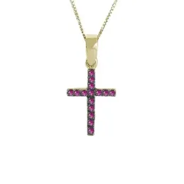 Gargantilla Cruz colgante oro 18k mujer 16 rubíes