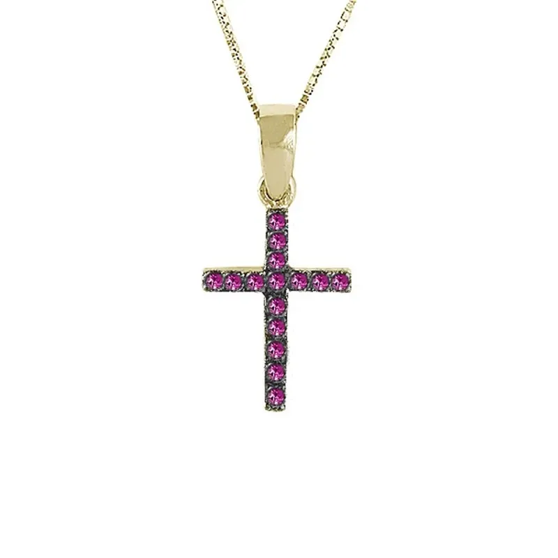 Gargantilla Cruz colgante oro 18k mujer 16 rubíes