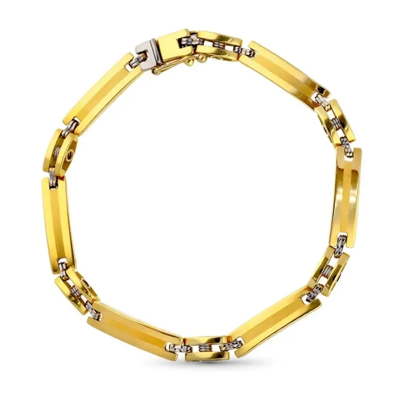 Pulsera bicolor oro 18k hombre eslabones rectangulares banda centro m