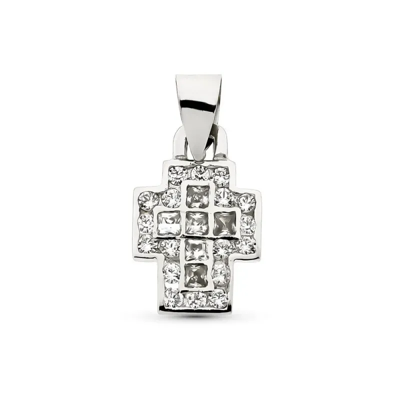 Cruz colgante oro blanco 18k mujer 17 mm. circonitas combinadas