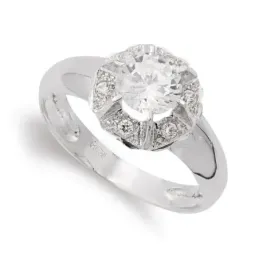 Sortija oro blanco 18k mujer circonitas garras cabeza redonda cuerpo