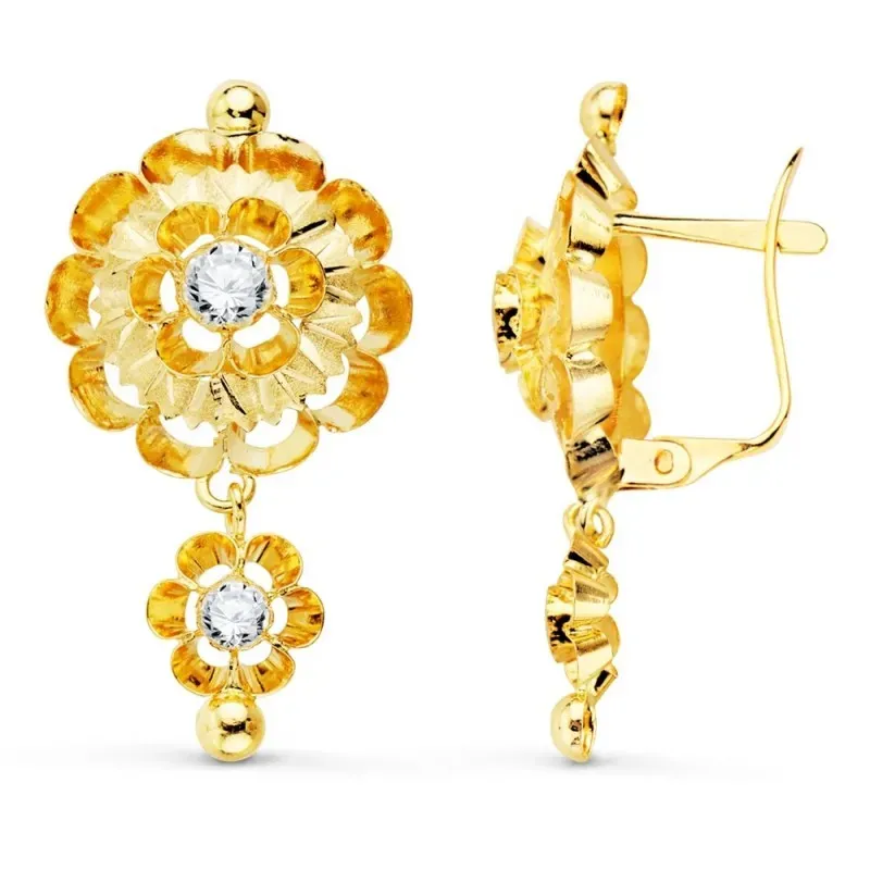Pendientes oro 18k largos mujer 32 mm. cubanas circonitas centro