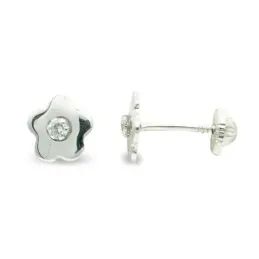 Pendientes oro blanco 9k niña 7 mm. forma flor lisa circonita centro