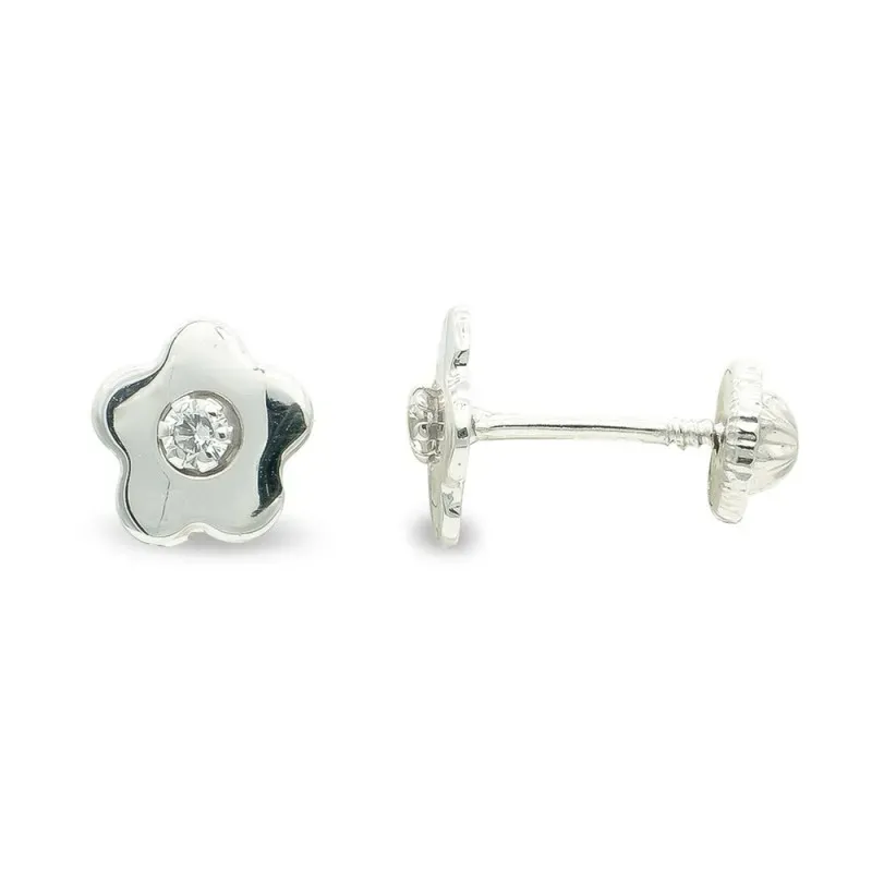 Pendientes oro blanco 9k niña 7 mm. forma flor lisa circonita centro