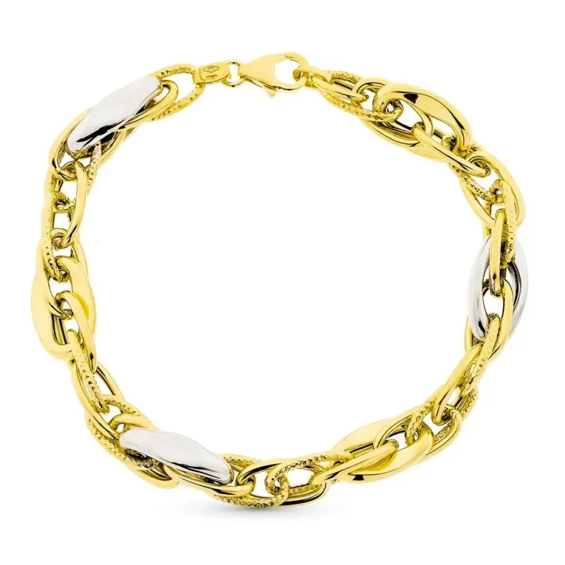Pulsera oro bicolor 9k mujer 20 cm. eslabones variados combinados ent