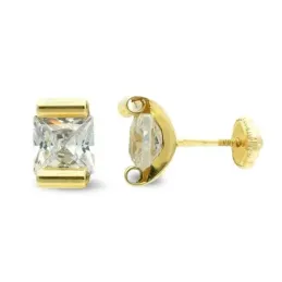 Pendientes oro 9k niña 4 mm. piedra centro cuadrada cierre tornillo