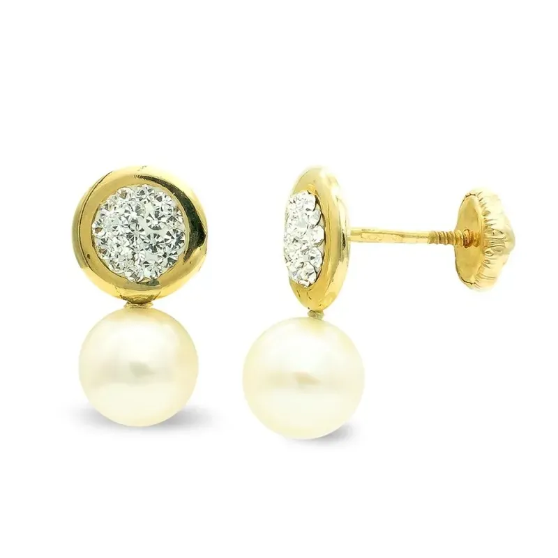 Pendientes oro 9k mujer 15 mm. redondos circonitas combinados perla t