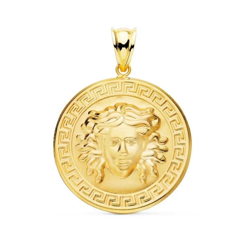 Colgante medalla oro 18k unisex 25 mm. medusa borde detalle greca mat