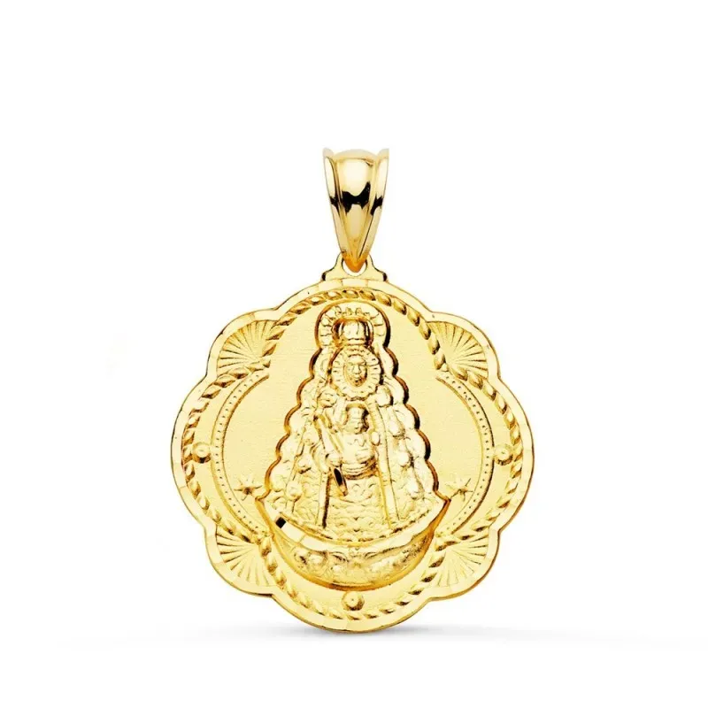 Virgen del Rocío medalla oro 18k unisex 26 mm. forma pandereta detall