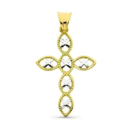 Cruz colgante oro bicolor 18k mujer 36 mm. formas ovaladas caladas de
