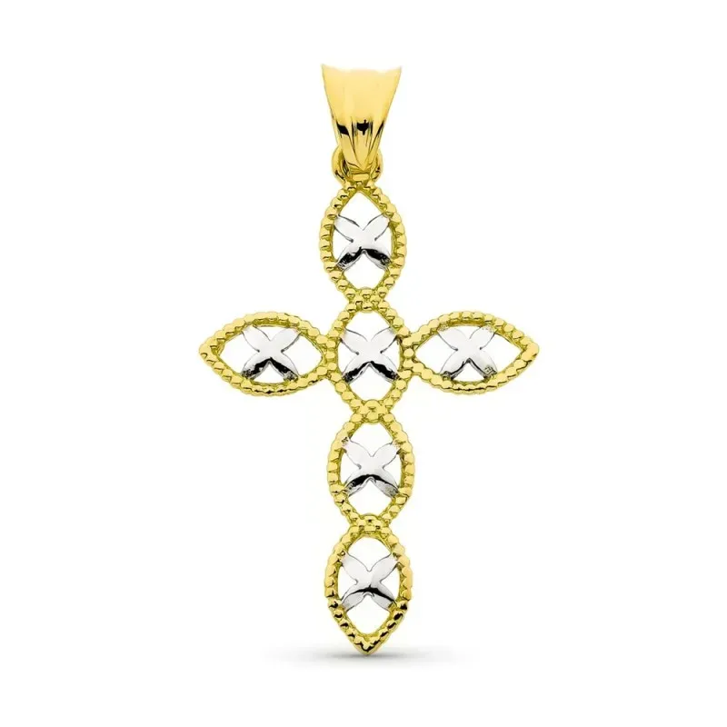 Cruz colgante oro bicolor 18k mujer 36 mm. formas ovaladas caladas de