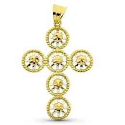 Cruz colgante oro bicolor 18k mujer 42 mm. círculos calados unidos de