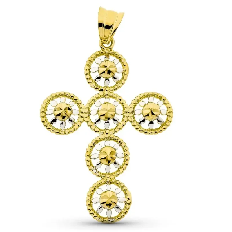 Cruz colgante oro bicolor 18k mujer 42 mm. círculos calados unidos de