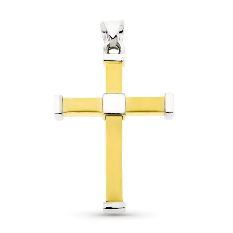 Cruz colgante oro bicolor 18k mujer 38 mm. lisa plana detalles bordes