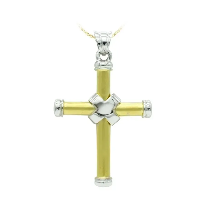 Cruz colgante oro bicolor 18k mujer 41 mm. redonda detalles bordes nu