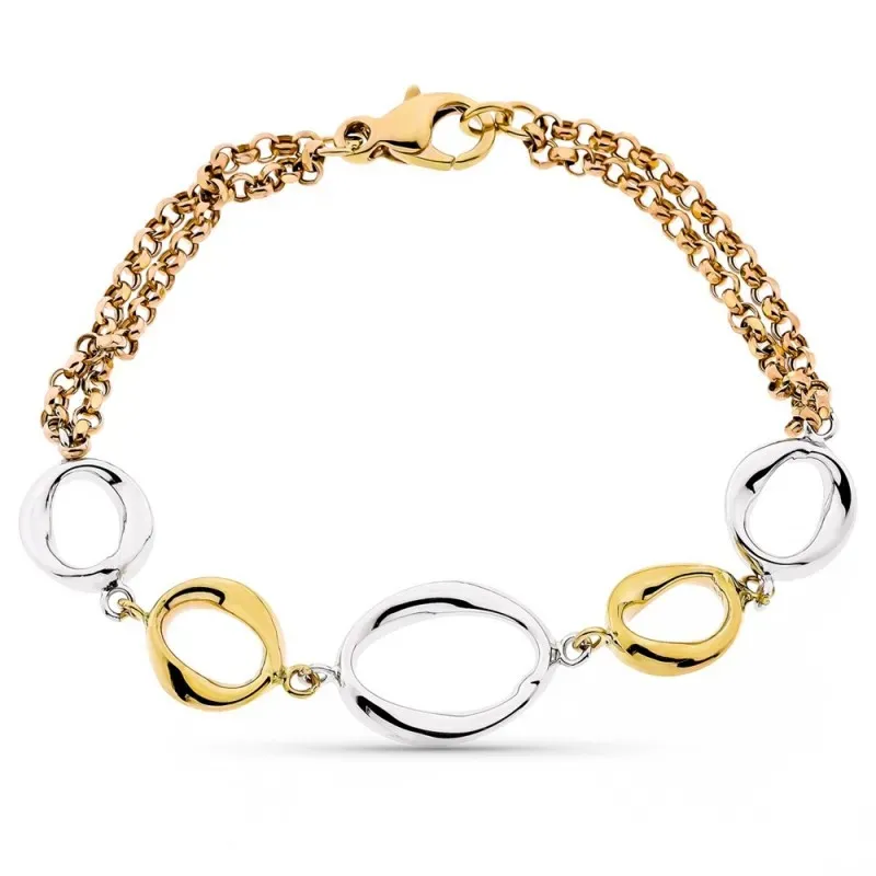 Pulsera oro tricolor 9k mujer 19 cm. hueca eslabones grandes combinad