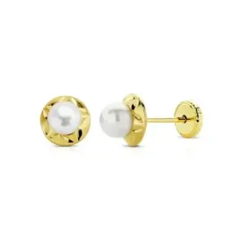 Pendientes oro 9k niña 6 mm. redondos orla tallada perla centro 4 mm.