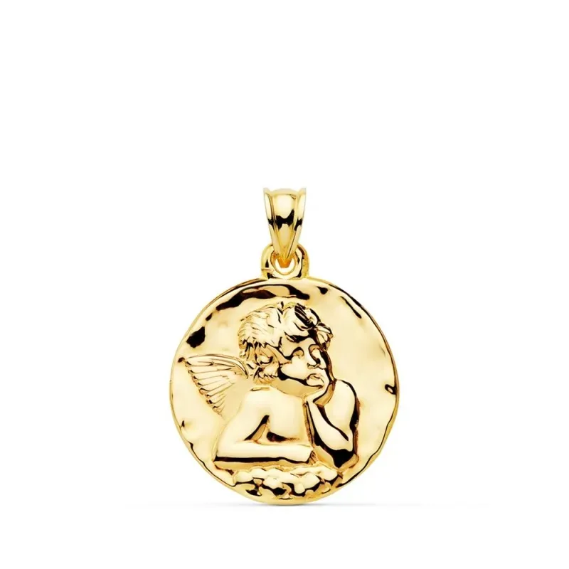 Ángel Burlón medalla oro 18k unisex 24 mm. detalles centro brillo