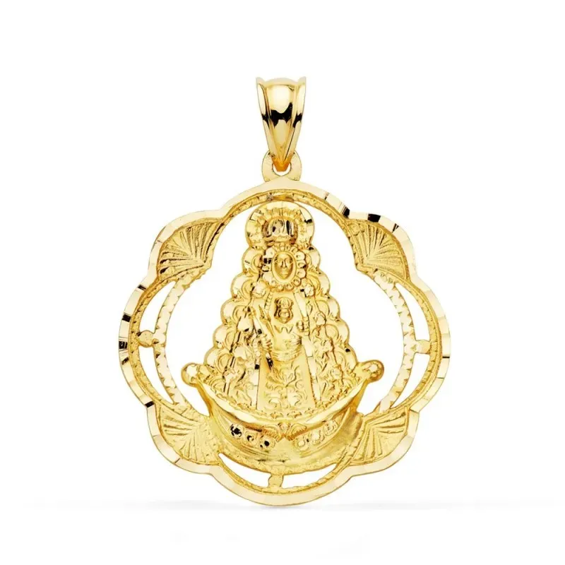 Virgen del Rocío medalla oro 18k unisex 31 mm. forma pandereta calada