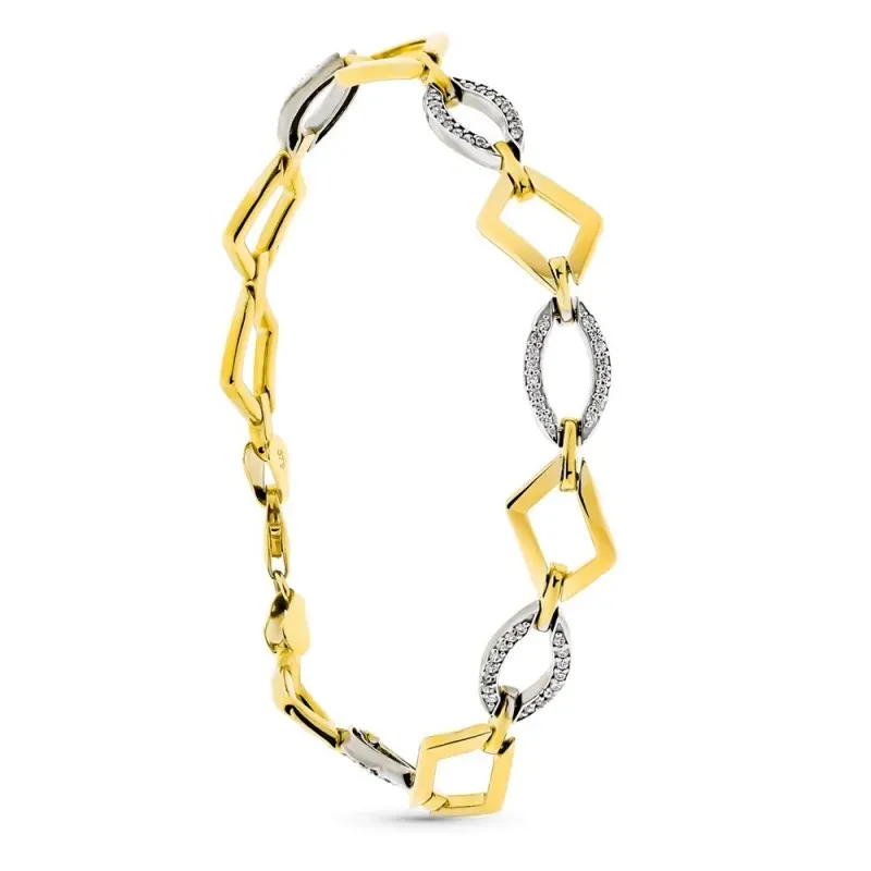Pulsera oro bicolor 9k mujer 19 cm. rombos combinados formas ovaladas