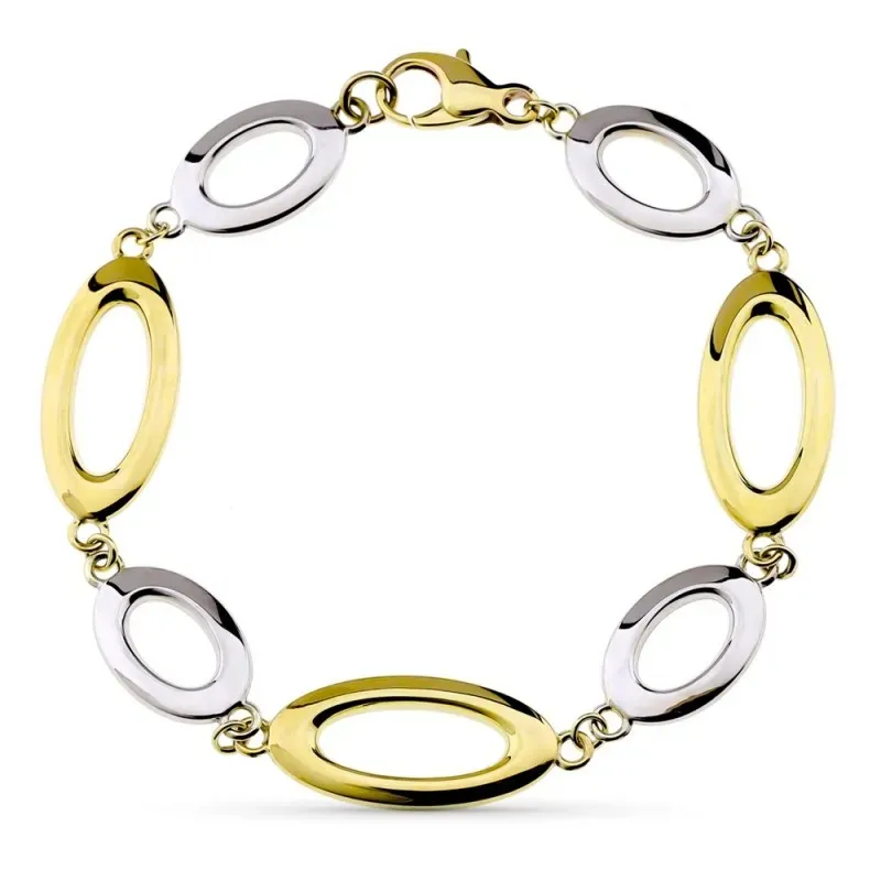 Pulsera oro bicolor 9k mujer 19 cm. eslabones grandes huecos ovalados