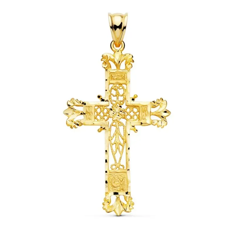 Cruz oro 18k unisex 44 mm. hueca filigrana bordes tallados
