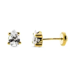 Pendientes oro 9k niña 6 mm. circonita forma lágrima garras tornillo