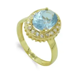 Sortija oro 18k mujer cabeza ovalada piedra color azul centro circoni