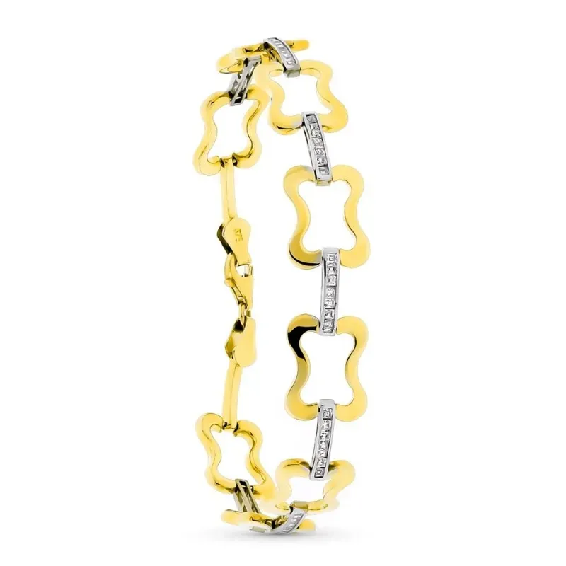 Pulsera oro bicolor 9k mujer 19 cm.eslabones formas calados combinado