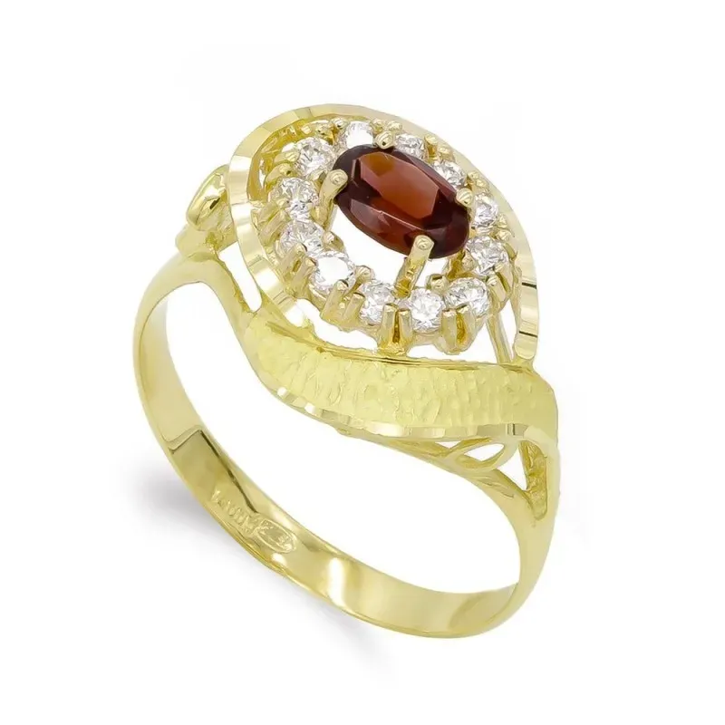 Sortija oro 18k mujer cabeza forma ondulada piedra granate centro com