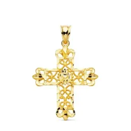 Cruz colgante oro 18k mujer 35 mm. calada filigrana bordes detalles t