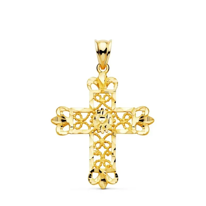 Cruz colgante oro 18k mujer 35 mm. calada filigrana bordes detalles t