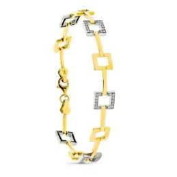 Pulsera oro bicolor 9k mujer 19 cm. cuadrados calados circonitas comb