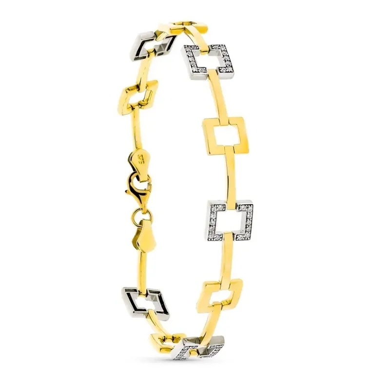 Pulsera oro bicolor 9k mujer 19 cm. cuadrados calados circonitas comb