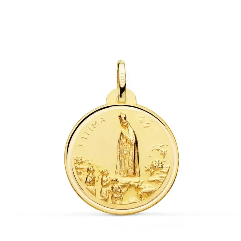 Virgen de Fátima medalla oro 18k unisex 22 mm. redonda bisel liso