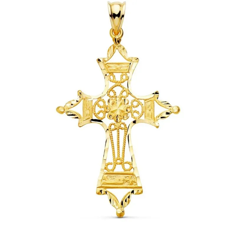 Cruz colgante oro 18k mujer 46 mm. calada bordes tallados detalle fil