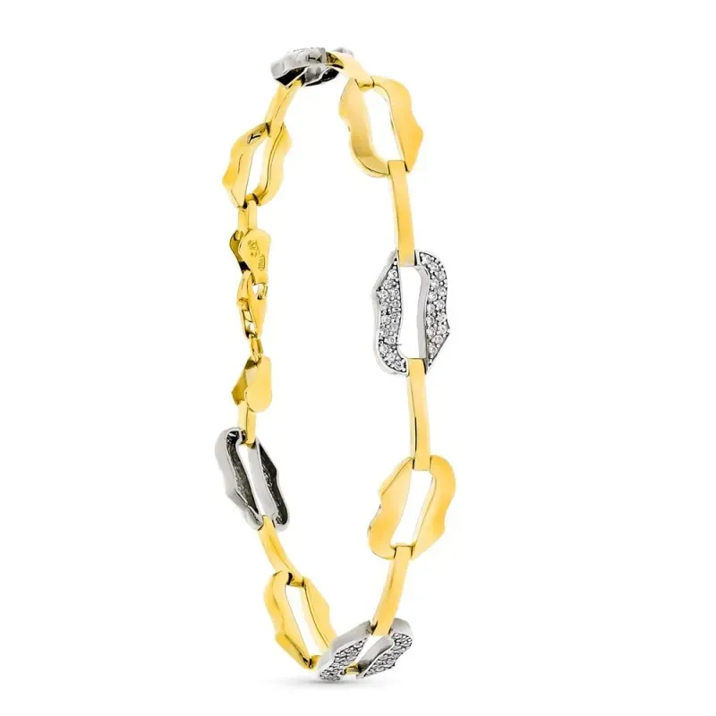 Pulsera oro bicolor 9k mujer 19 cm. eslabones calados ondulados lisos
