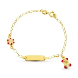 Esclava oro 18k niña 13 cm. flor esmaltada combinada oso colgante cha