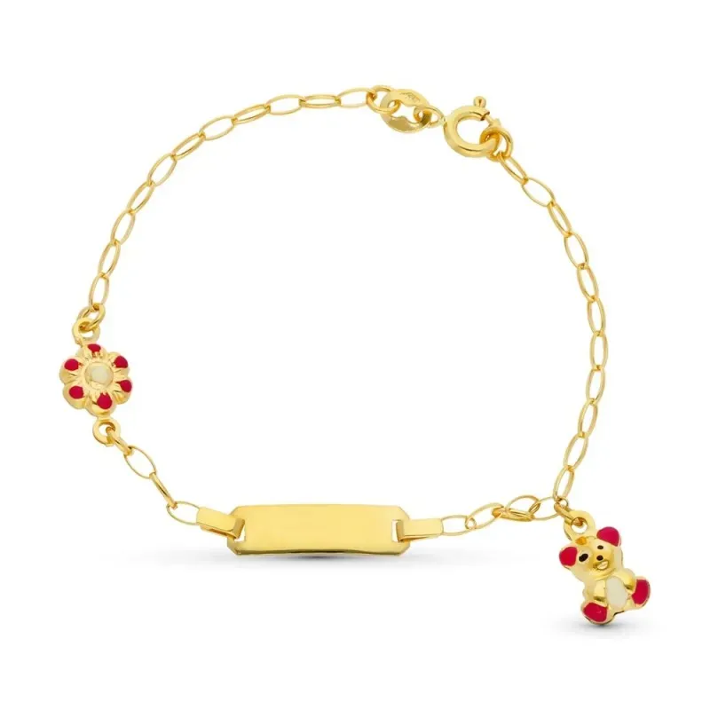 Esclava oro 18k niña 13 cm. flor esmaltada combinada oso colgante cha