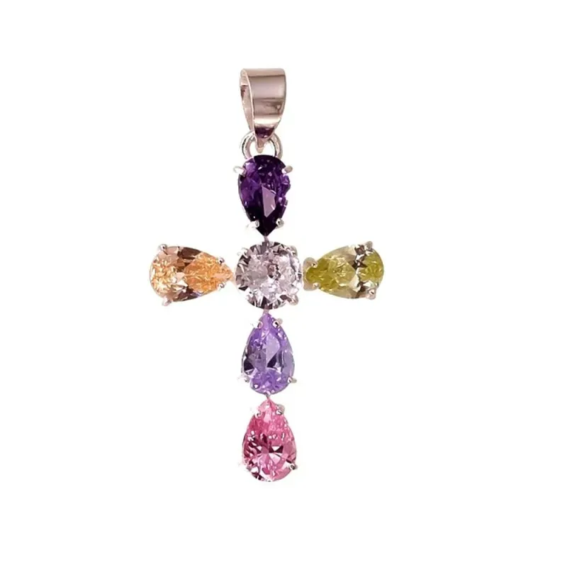 Cruz colgante plata Ley 925m mujer 25 mm. circonitas colores forma lá