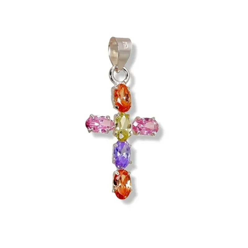 Cruz colgante plata Ley 925m mujer 20 mm. circonitas colores combinad