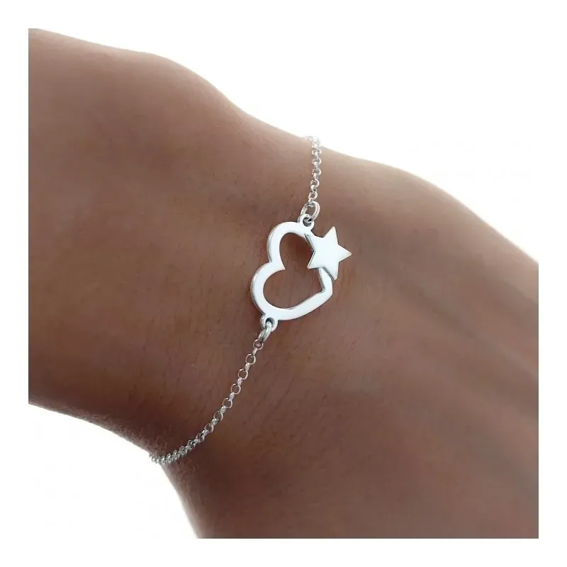 Pulsera plata Ley 925m mujer 17 cm. cadena rolo detalle corazón enlaz