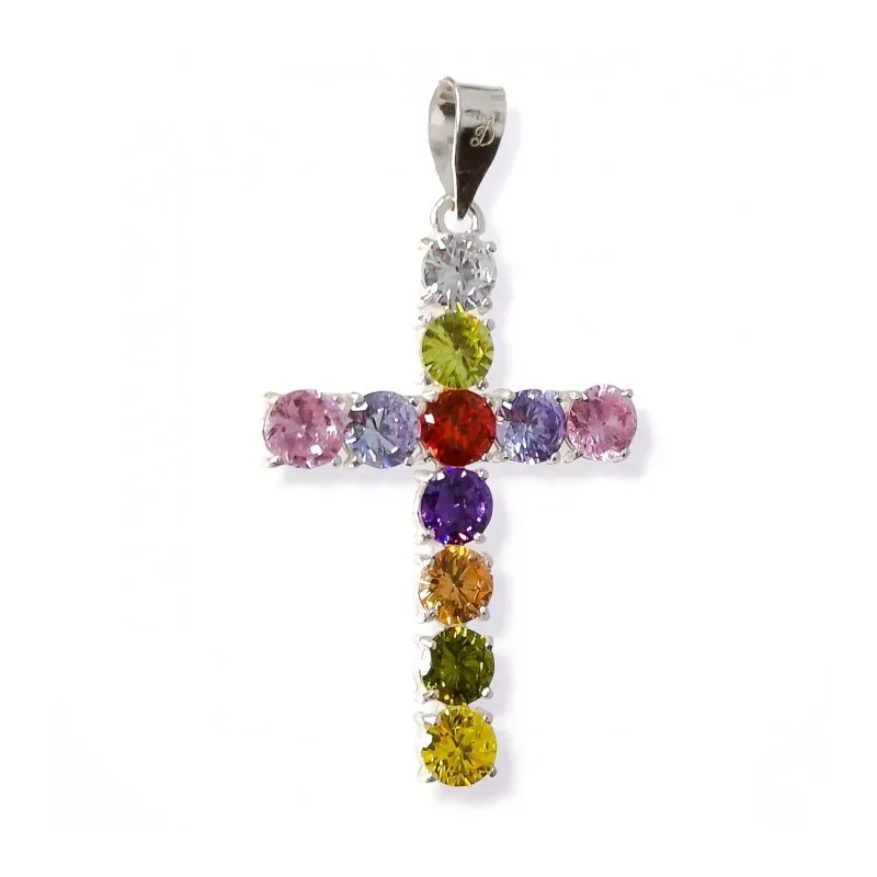 Cruz colgante plata Ley 925m mujer 32 mm. circonitas redondas colores